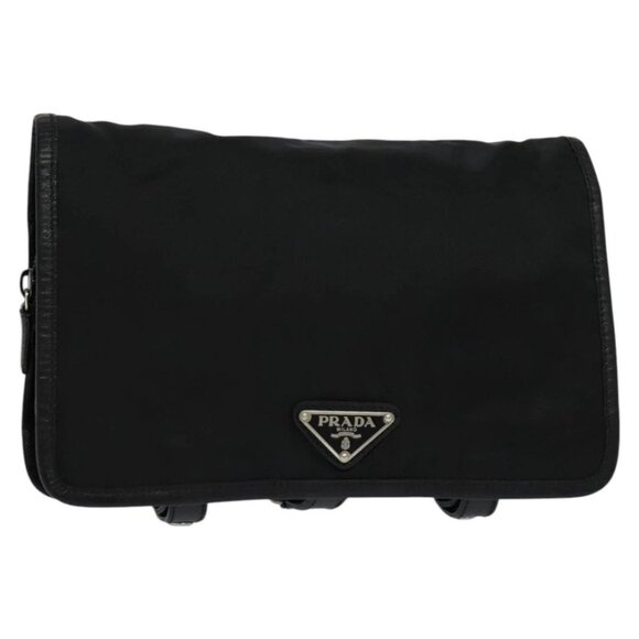 PRADA Clutch Bag Nylon Leather Black Silver Auth 113740 - Picture 1 of 16